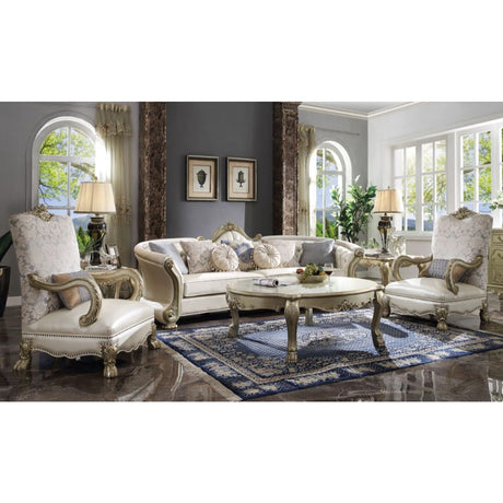 Acme - Dresden II Sofa W/7 Pillows 54875 Pearl Synthetic Leather & Gold Patina Finish