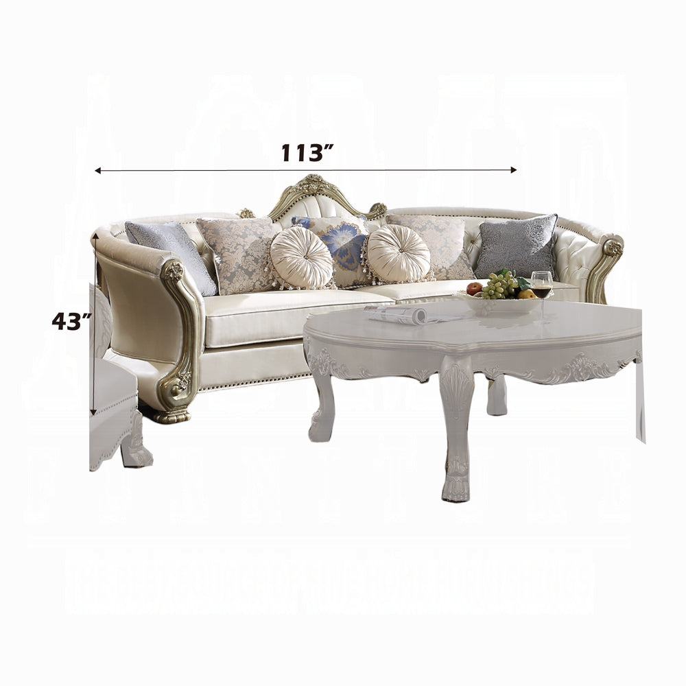 Dresden II Sofa W/7 Pillows 54875 Pearl Synthetic Leather & Gold Patina Finish | Acme - Home Elegance USA
