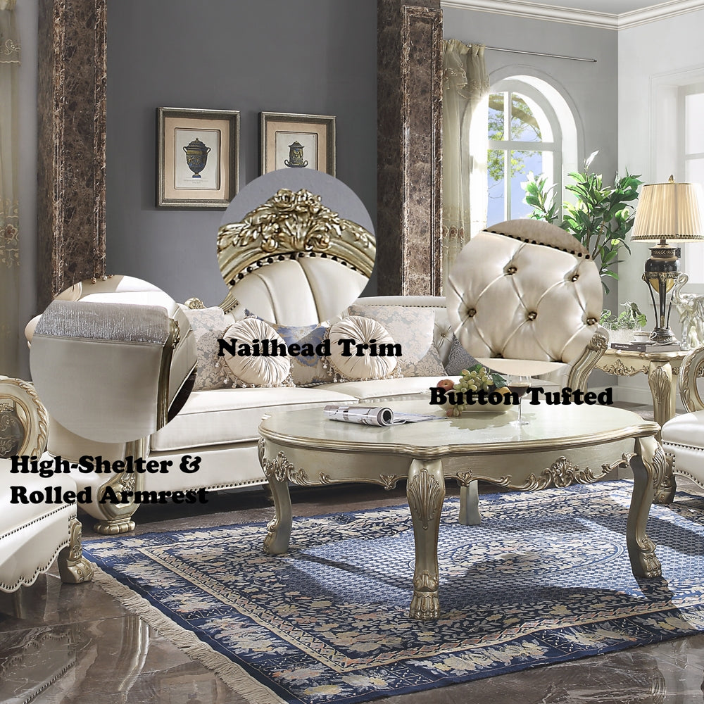 Dresden II Sofa W/7 Pillows 54875 Pearl Synthetic Leather & Gold Patina Finish | Acme - Home Elegance USA