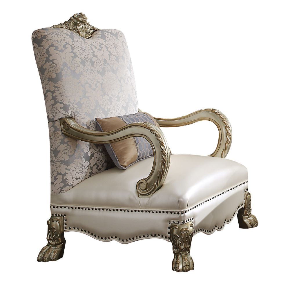 Acme - Dresden II Chair W/Pillow 54877 Pearl Synthetic Leather /Fabric & Gold Patina Finish