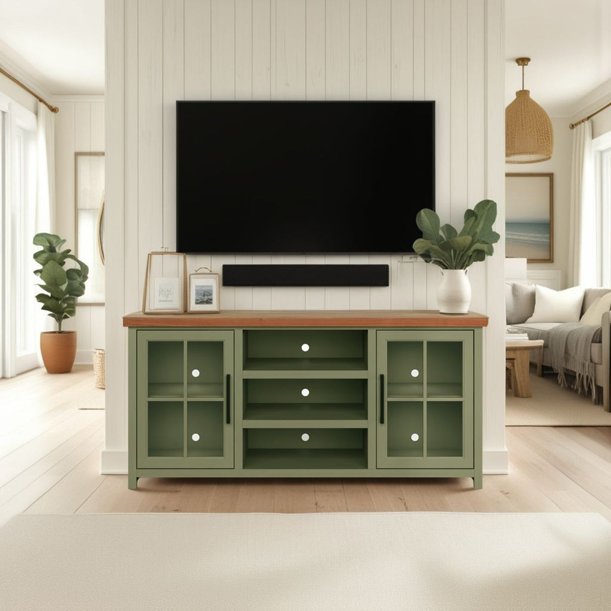 67 inch TV Stand Console for TVs up to 80 inches, No Assembly Required, Sage Green and Fruitwood Finish