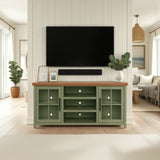 67 inch TV Stand Console for TVs up to 80 inches, No Assembly Required, Sage Green and Fruitwood Finish