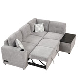 83.8" Reversible Sectional Pull - Out Sofa Bed L - Shaped Corner Sofa Couch with Storage Chaise, USB Ports, Power Sockets, Cup Holder for Living Room, Bedroom, Study,Light Gray | Home Elegance USA