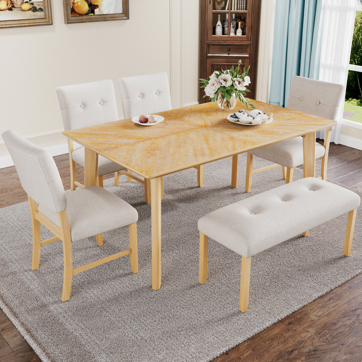 6 Piece Dining Room Table Set, Rustic Farmhouse Dining Room Rectangular Table with 4 Upholstered Chairs and Bench, Solid Wood Kitchen Dining Table Set for 6 Persons (Easy Assembly, Natural Wood Wash)