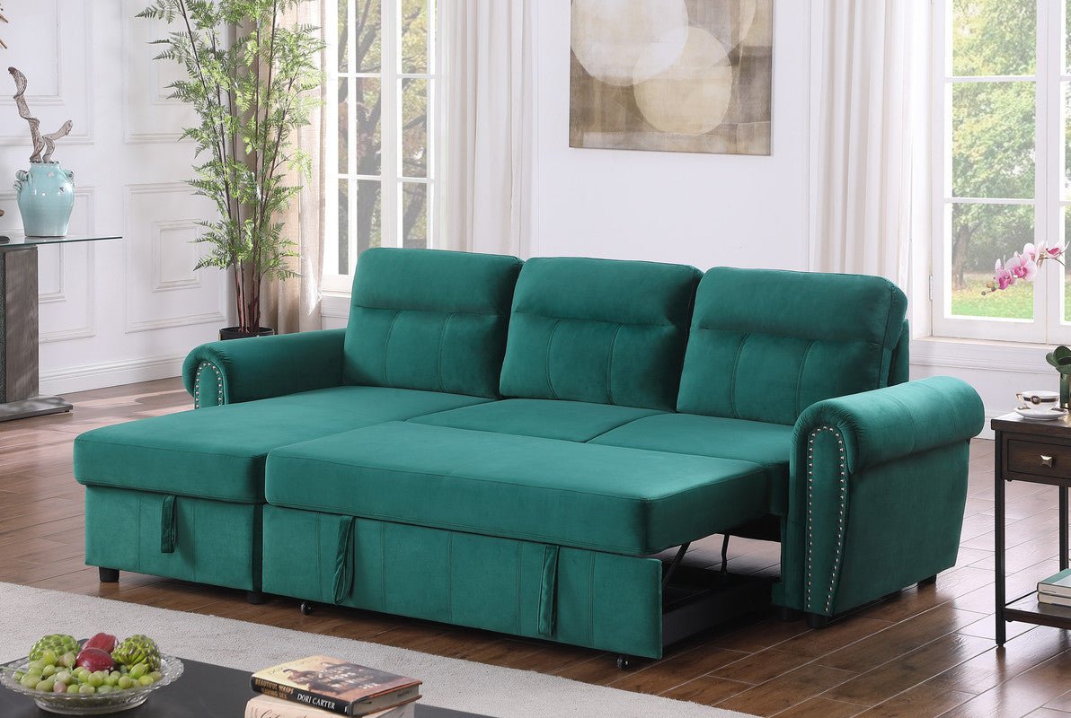 Ashton Green Velvet Fabric Reversible Sleeper Sectional Sofa Chaise - B061S00197 - Home Elegance USA - 11