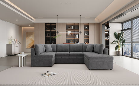 Oversized Sectional Sofa U-shaped Couch Pull-out Sofa Bed with Two Throw Pillows Gray Chenille 117.3' - sold by Home Elegance USA