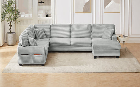 Modern U-shaped Sectional Sofa with Movable Ottoman and Side Storage Pockets, Grey Corduroy, 125.2' - sold by Home Elegance USA