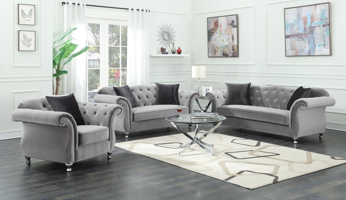 Frostine Upholstered Tufted Living Room Set Silver | Coaster | Home Elegance USA