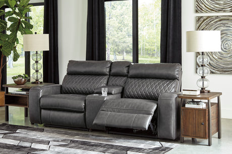 Gray Samperstone 55203S3 3-Piece Power Reclining Sectional Loveseat - Faux Leather | Ashley - Home Elegance USA