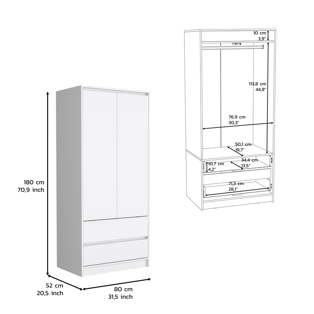 Laurel 2 Piece Bedroom Set, Nightstand + Armoire, White - sold by Home Elegance USA