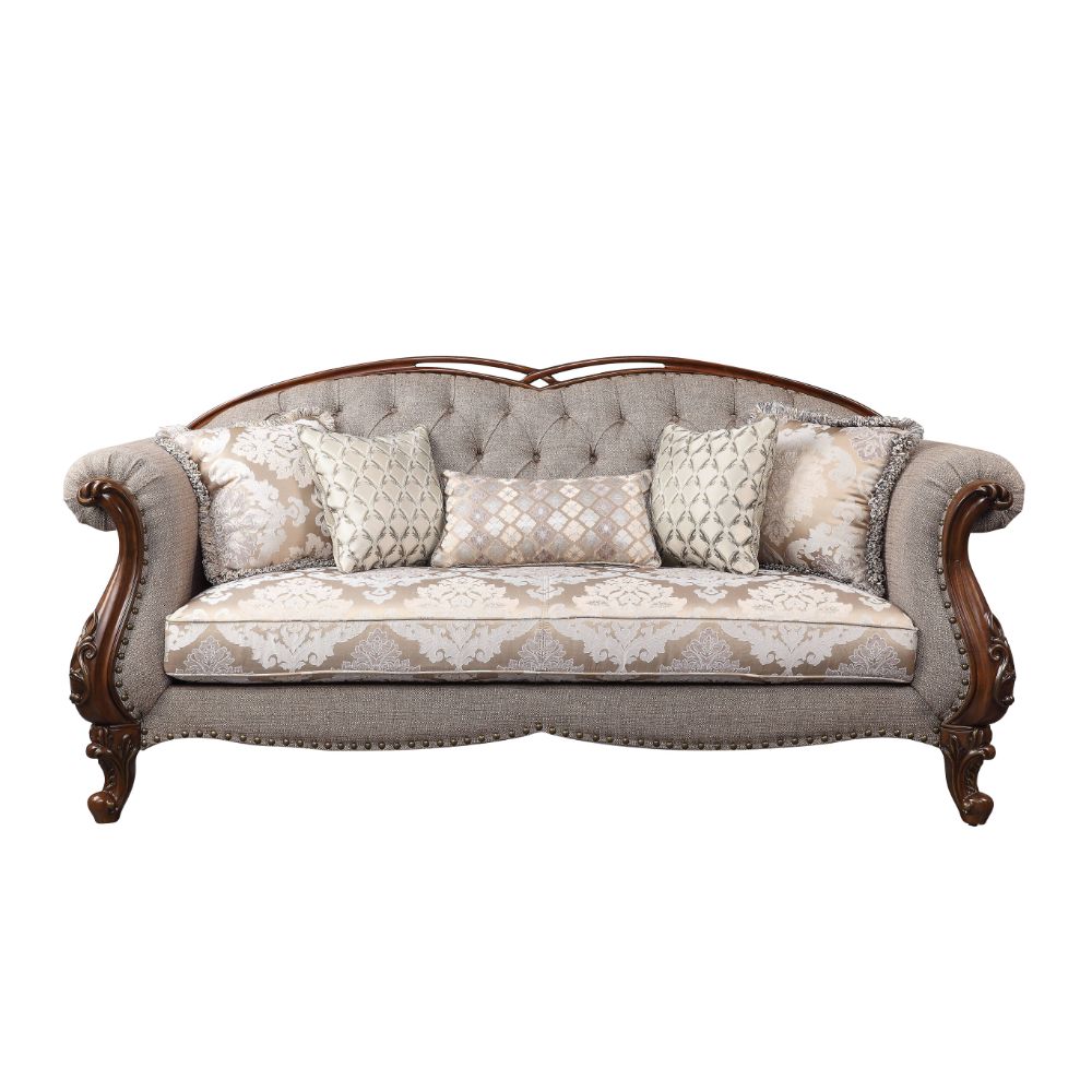 Acme - Miyeon Sofa W/5 Pillows 55365 Fabric & Cherry Finish