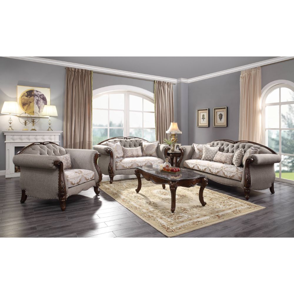 Acme - Miyeon Sofa W/5 Pillows 55365 Fabric & Cherry Finish