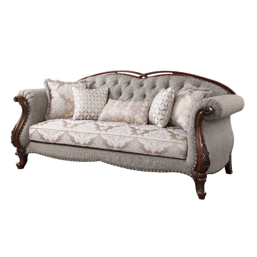 Acme - Miyeon Sofa W/5 Pillows 55365 Fabric & Cherry Finish