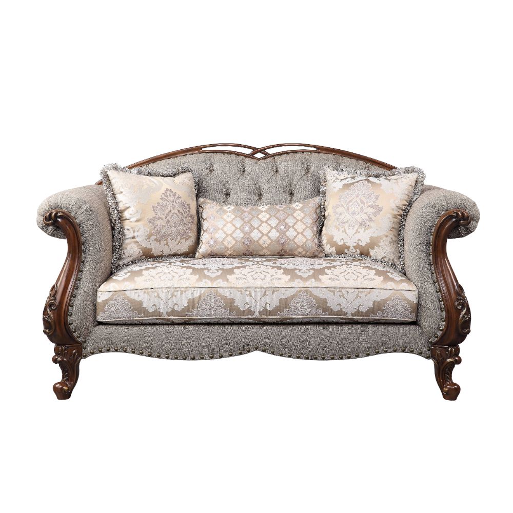 Acme - Miyeon Loveseat W/3 Pillows 55366 Fabric & Cherry Finish