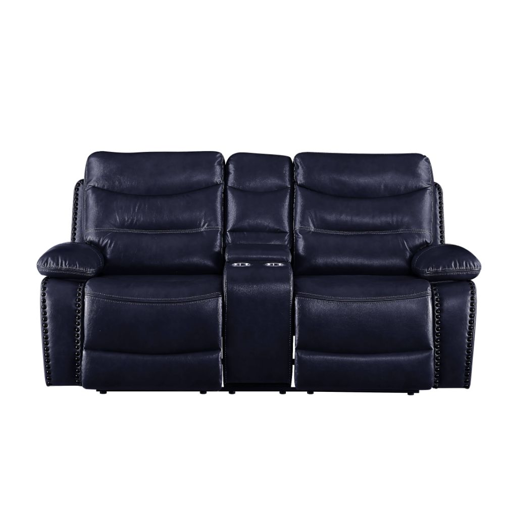 Aashi Motion Loveseat W/Console 55371 Navy Leather - Gel Match | Acme | Home Elegance USA