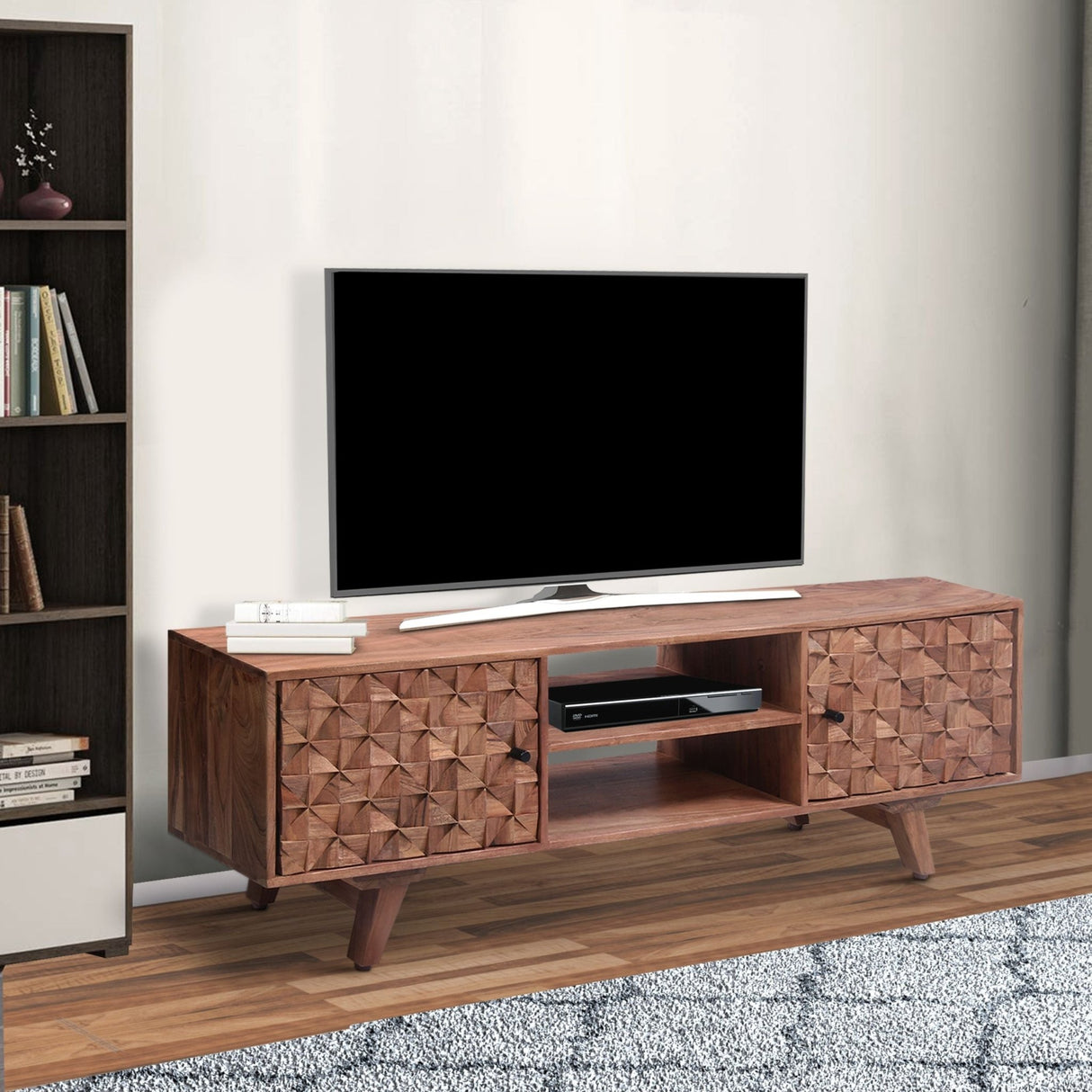 57 Inch 2 Door Wooden TV Cabinet with Textured Front, Oak Brown Home Elegance USA