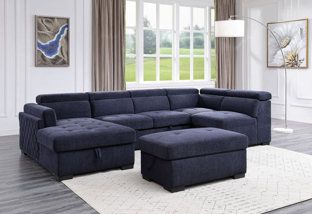 Acme - Nekoda Sectional Sofa W/Storage & Ottoman 55520 Navy Blue Fabric