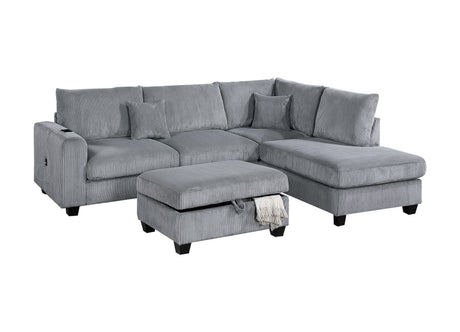 Contemporary 3pc Sectional Set Fog Color Corduroy Couch LAF Sofa RAF Chaise Ottoman L-Sectional Living Room - sold by Home Elegance USA