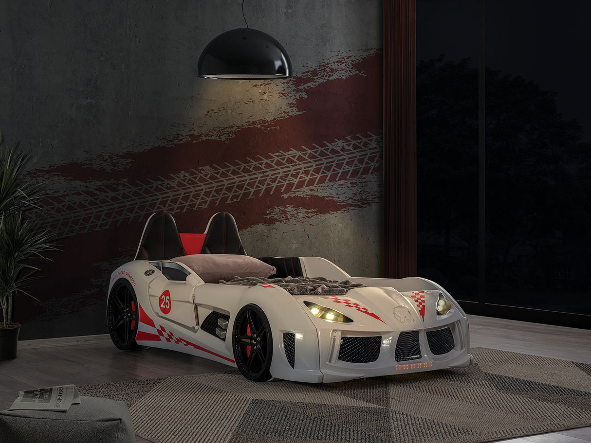 Modern Novelty Style Twin Size Race Car Design Bed Attached Two Magnetic Doors With LED Lights On Wheels And Bottom Upholstery Headboard And Sides White Finish