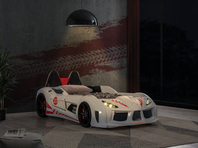 Modern Novelty Style Twin Size Race Car Design Bed Attached Two Magnetic Doors With LED Lights On Wheels And Bottom Upholstery Headboard And Sides White Finish