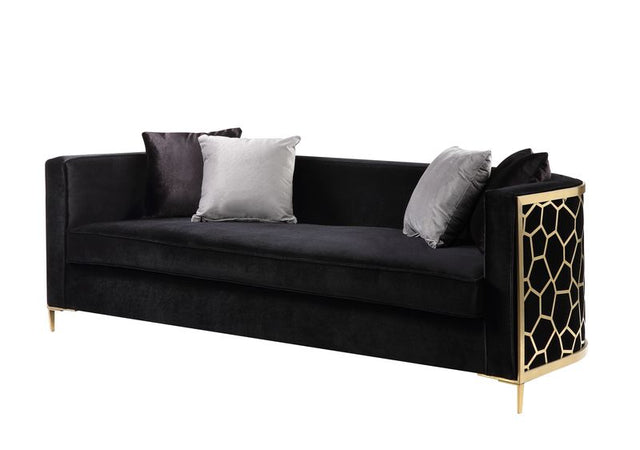 Acme - Fergal Sofa W/4 Pillows 55665 Black Velvet & Gold Finish