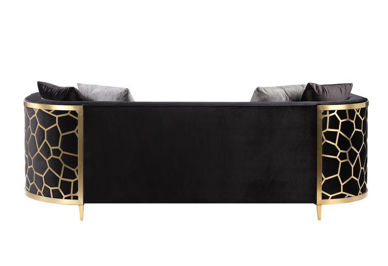 Acme - Fergal Sofa W/4 Pillows 55665 Black Velvet & Gold Finish