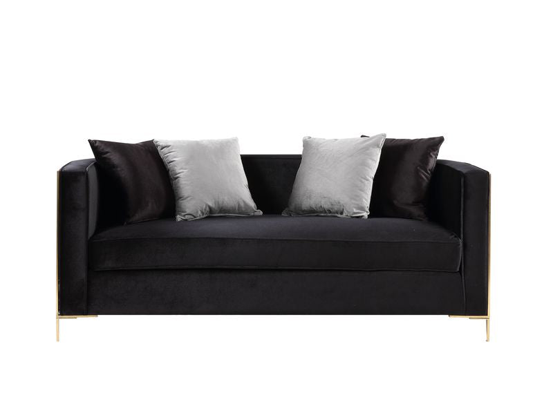 Acme - Fergal Loveseat W/4 Pillows 55666 Black Velvet & Gold Finish