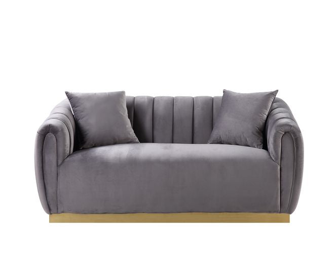 Acme - Elchanon Loveseat W/2 Pillows 55671 Gray Velvet & Gold Finish