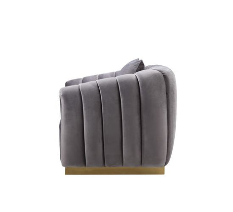 Acme - Elchanon Loveseat W/2 Pillows 55671 Gray Velvet & Gold Finish