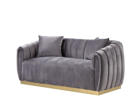 Acme - Elchanon Loveseat W/2 Pillows 55671 Gray Velvet & Gold Finish