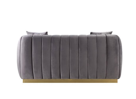 Acme - Elchanon Loveseat W/2 Pillows 55671 Gray Velvet & Gold Finish