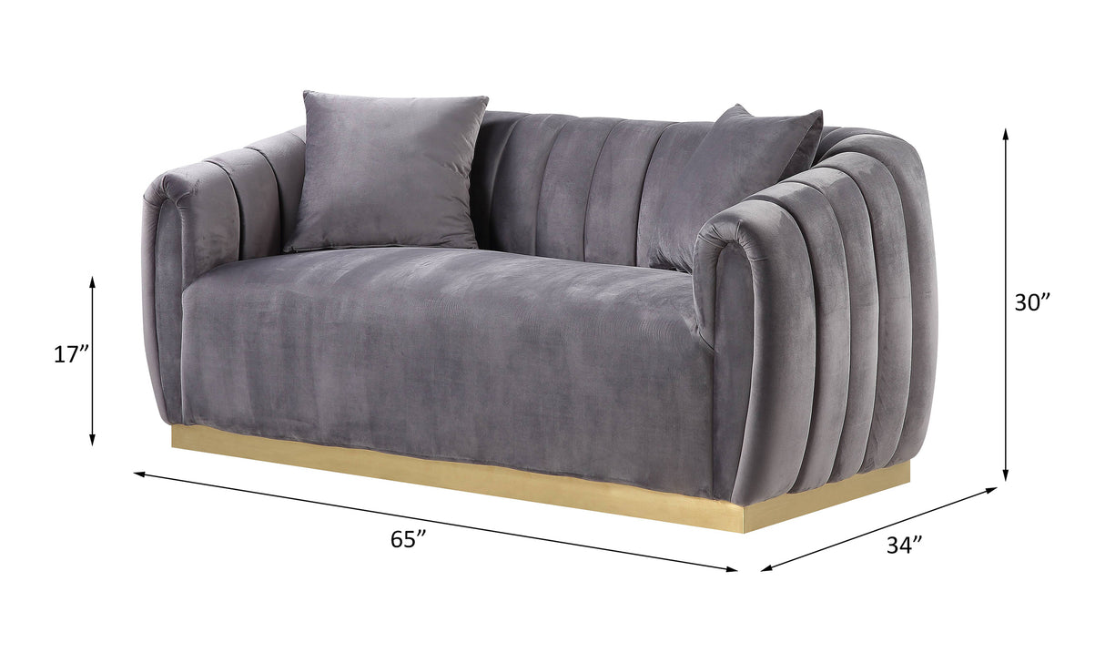 Acme - Elchanon Loveseat W/2 Pillows 55671 Gray Velvet & Gold Finish