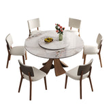Modern Sintered Stone Dining Table Set with Round Turntable, Walnut-Colored Wooden Base, Seats 6-8