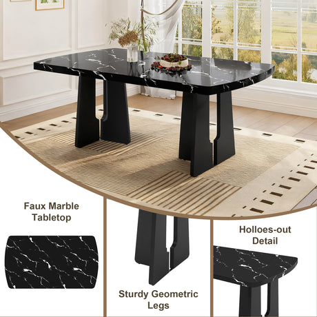 6 Piece Modern Dining Table Set, 63' Faux Marble Dining Table with Geometric Legs & 4 Upholstered Chairs & 1 Bench, Suitable for Dining Kitchen Room,Easy to Assemble, Black + Gray - sold by Home Elegance USA