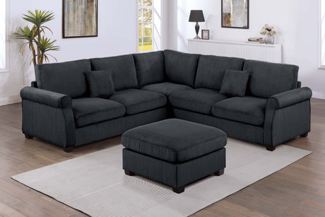 4pc Sectional Set Matching Pillow Cocktail Ottoman Corner Wedge Right And Left Arm Loveseat Corduroy Upholstered Black Finish Primary Living Room - sold by Home Elegance USA