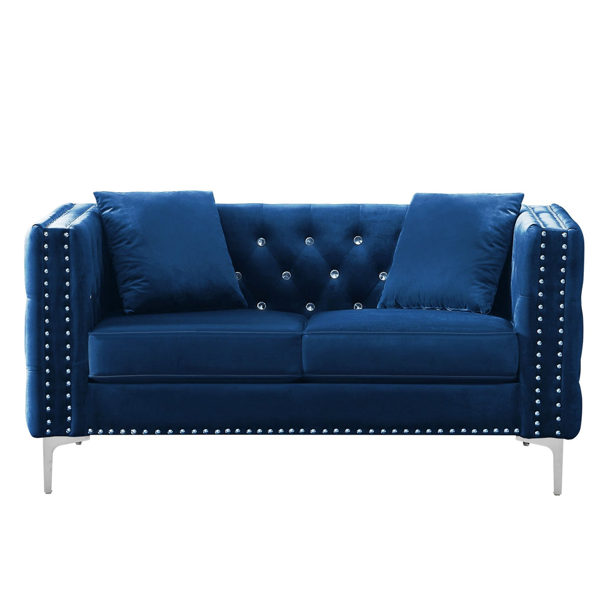 59.4 Inch Wide Blue Velvet Sofa with Jeweled buttons,Square Arm ,2 Pillows - W1117S00009 - image - 3