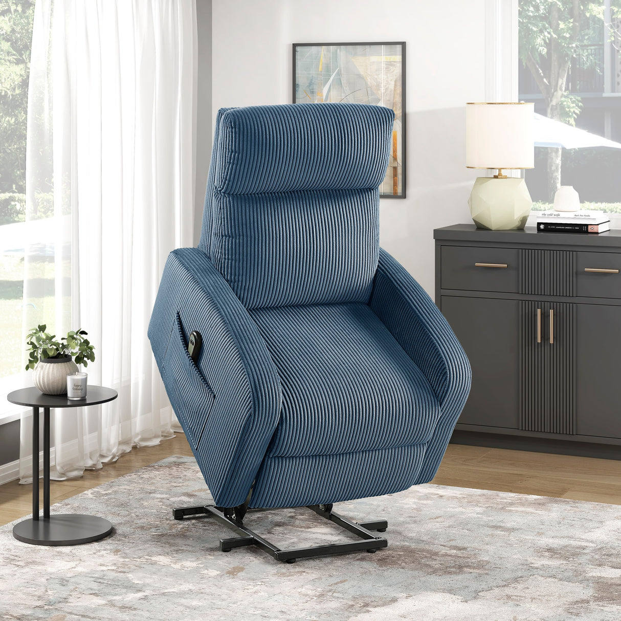 Contemporary Power Lift Chair Recliner 1pc Blue Plush Corduroy Upholstery Comfort Side Pocket Plywood Living Room Furniture