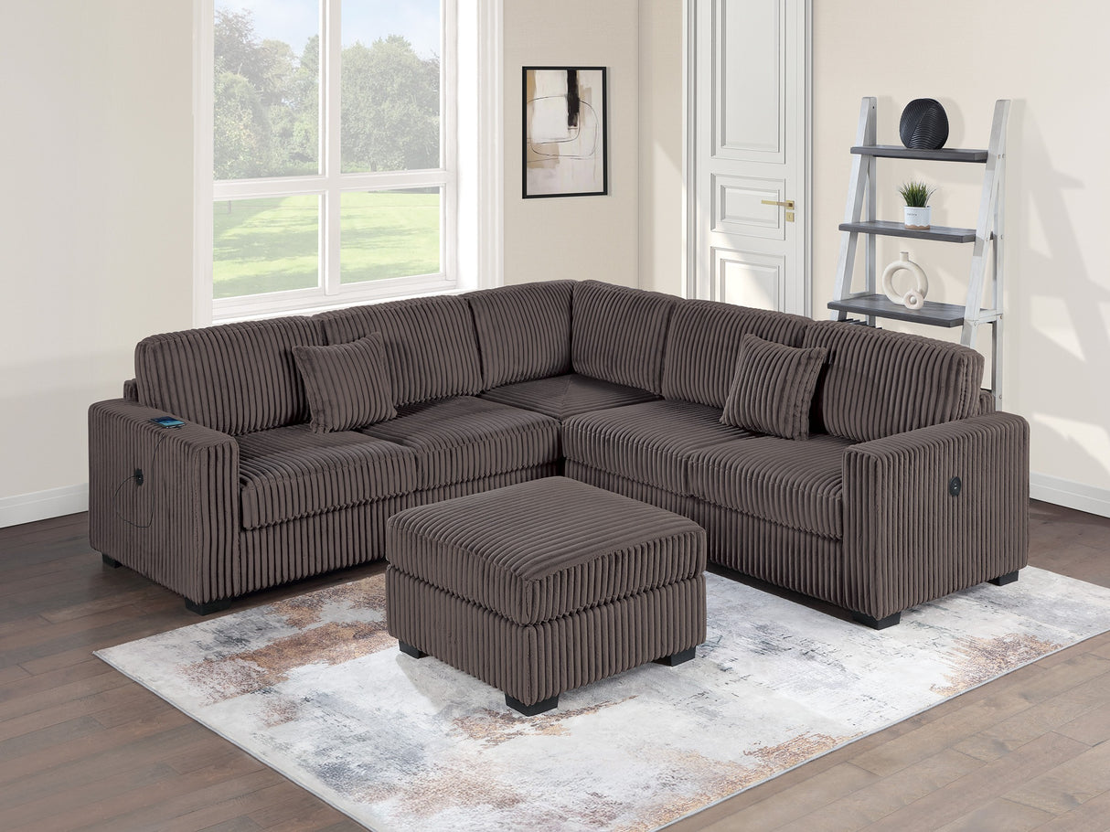 Living Room Corduroy Upholstered Chocolate 4pc Sectional Set RAF/LAF One-Arm Loveseat W/USB, Corner Wedge, Cocktail Ottoman Cushion Couch