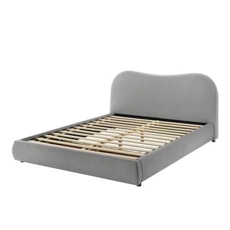 Light Gray Velvet Upholstered 1pc Queen Size Bed Curved Design Headboard Storage FB Bedroom Furniture Bedframe