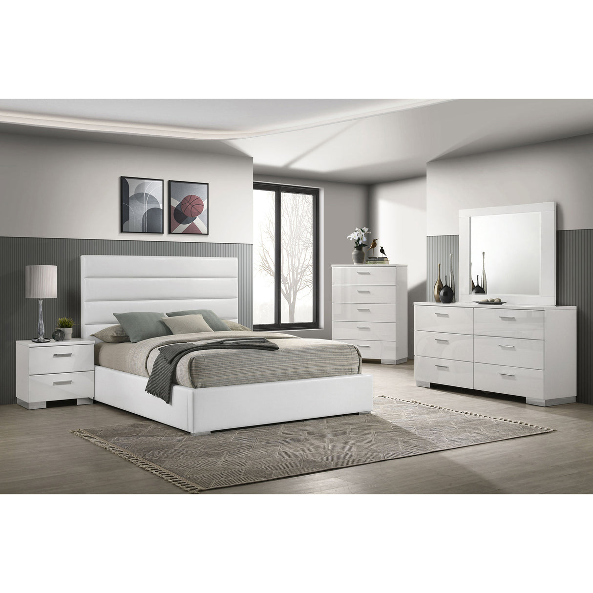Dulcey White High Gloss 5-piece Eastern King Bedroom Set