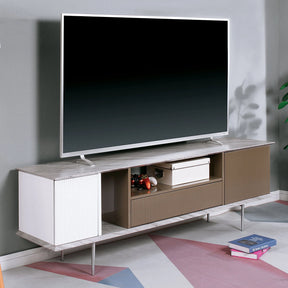 Modern Contemporary Style TV Console Base Stand Open Shelf And One Drawer Attached Ball Bearing Glides Replicated Marble On Top With High Gloss Champagne, White, And Gray Finish - sold by Home Elegance USA