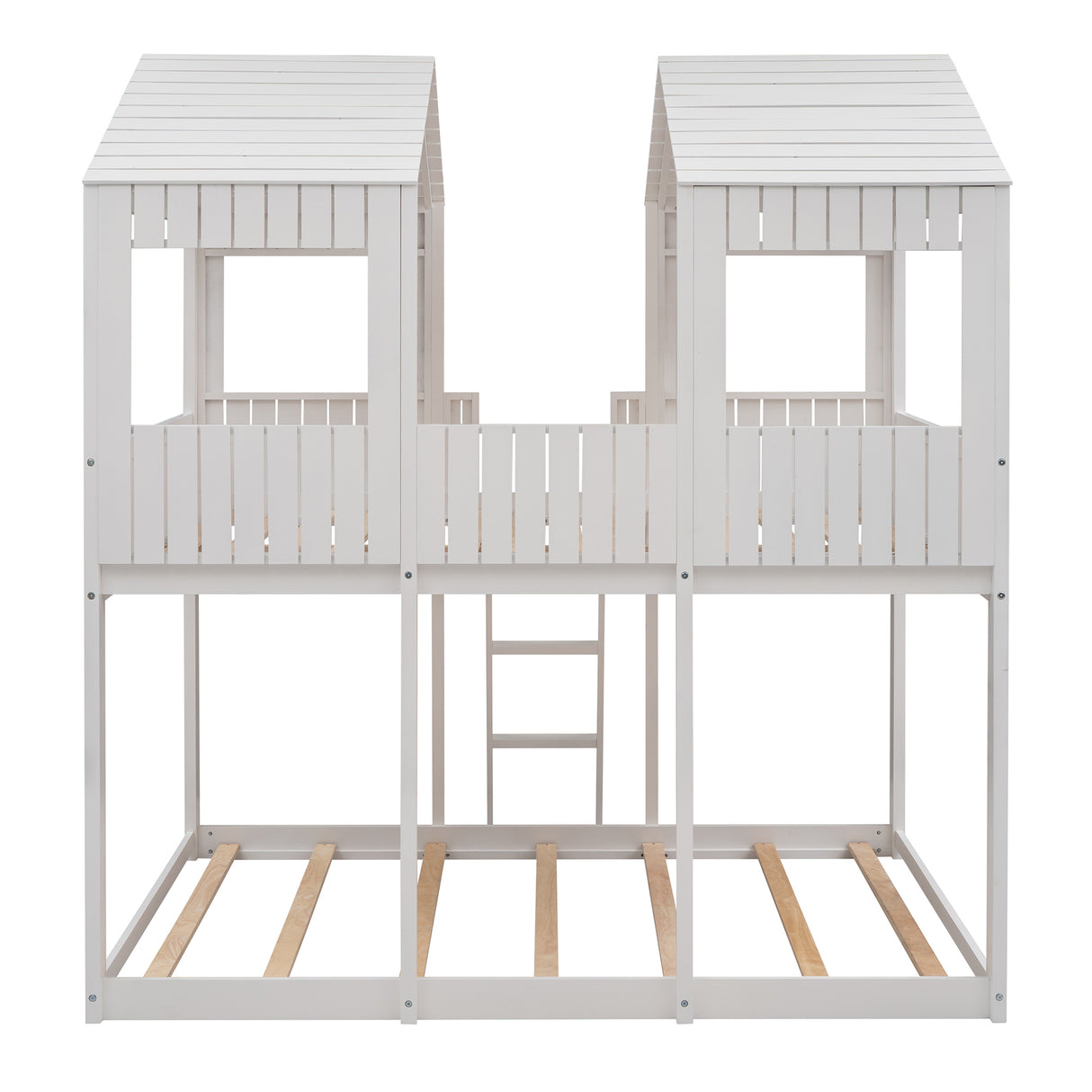 Full Over Full WoodBunk Bed with Roof, Window, Guardrail, Ladder(White)( old sku: LT000031AAK ) - Home Elegance USA