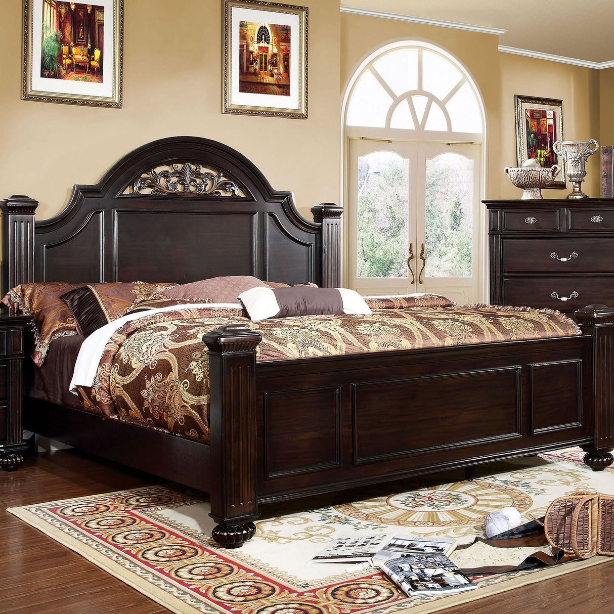 Eastern King Size Bed 1pc Contemporary Style Dark Walnut Bedroom Furniture Formal Floral Design in Headboard