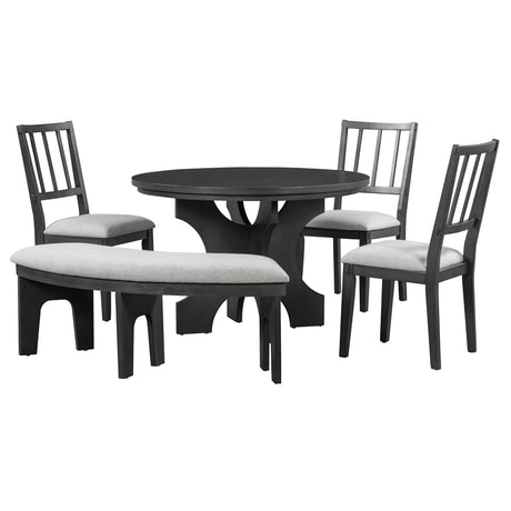 TREXM 5-piece Rustic Charm Round Dining Set with 3 Upholstered Chairs and Curved Bench for Dining Room, Kitchen and Living Room (Gray) - sold by Home Elegance USA
