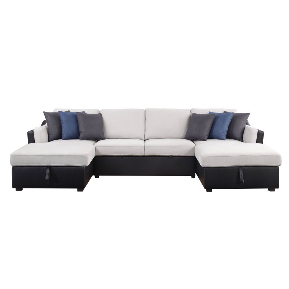 Acme - Merill Sectional Sofa W/Sleeper & 6 Pillows 56015 Beige Fabric & Black Synthetic Leather