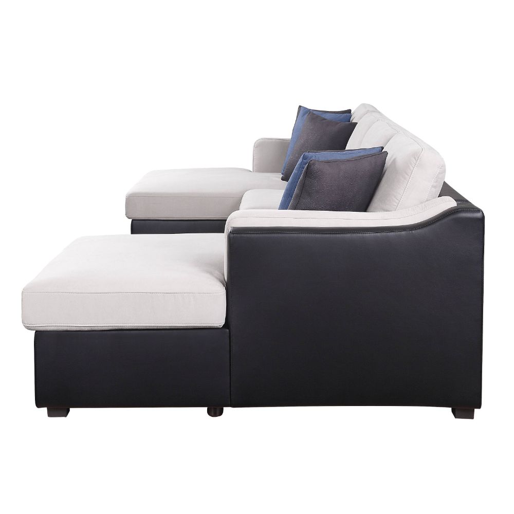 Acme - Merill Sectional Sofa W/Sleeper & 6 Pillows 56015 Beige Fabric & Black Synthetic Leather