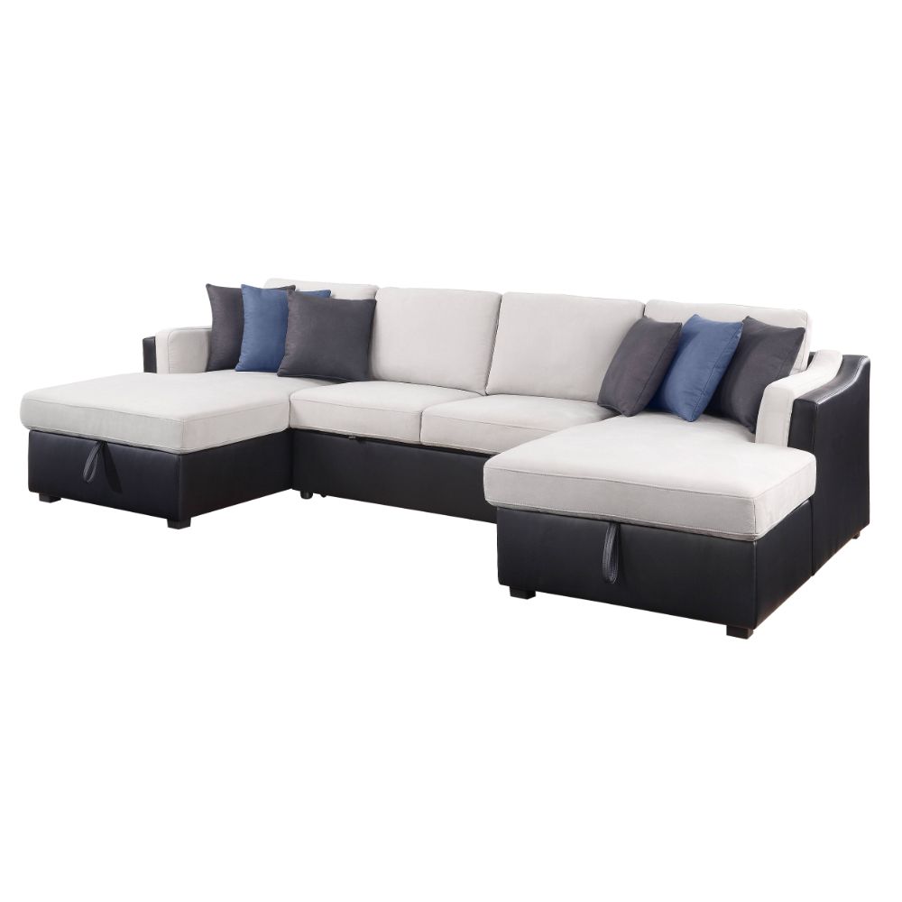 Acme - Merill Sectional Sofa W/Sleeper & 6 Pillows 56015 Beige Fabric & Black Synthetic Leather