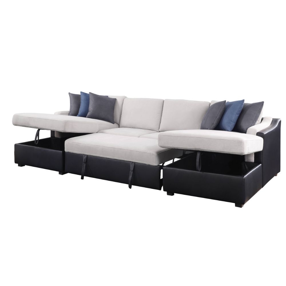 Acme - Merill Sectional Sofa W/Sleeper & 6 Pillows 56015 Beige Fabric & Black Synthetic Leather