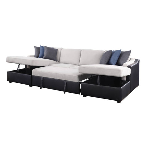 Acme - Merill Sectional Sofa W/Sleeper & 6 Pillows 56015 Beige Fabric & Black Synthetic Leather