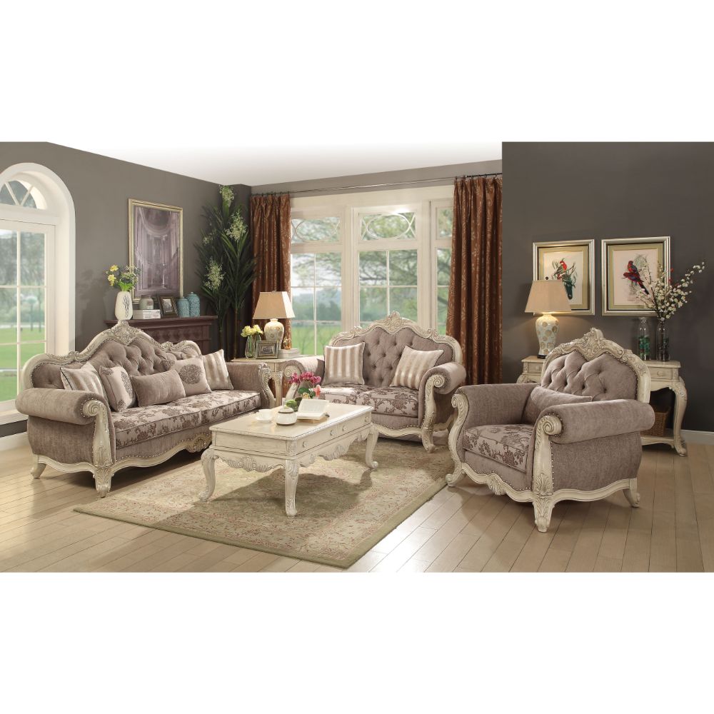 Acme - Ragenardus Loveseat W/2 Pillows 56021 Gray Fabric & Antique White Finish